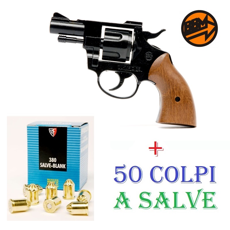 Scacciacani bruni olympic 380 - pistola a salve top firing in calibro 380 mm - arma da segnalazione acustica e da collezione con pacco di 50 colpi a salve - replica del revolver colt cobra da 2 pollici di colore nero marca bruni guns.